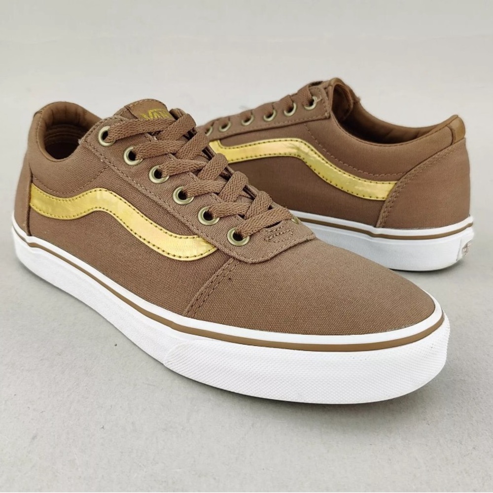 Vans Brown Canvas Low-Top Sneakers with Gold Side Stripe